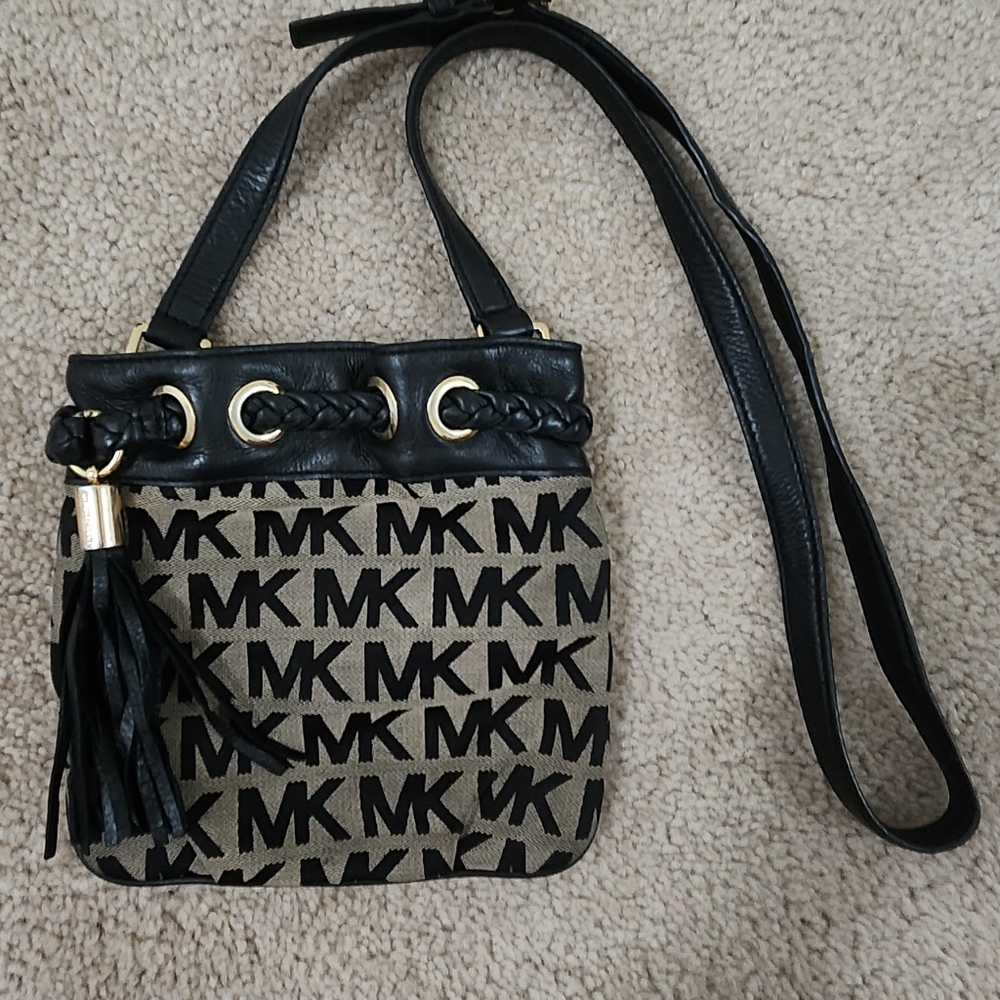 Michael Kors Black & Tan MK Signature Crossbody with Tassel Accent